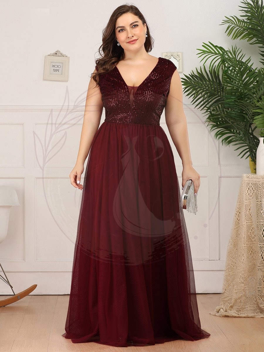Robe de Soirée Longue Grande Taille à Paillettes et Col en V Profond – Image 3