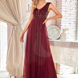 Robe de Soirée Longue à Paillettes et Col en V Profond