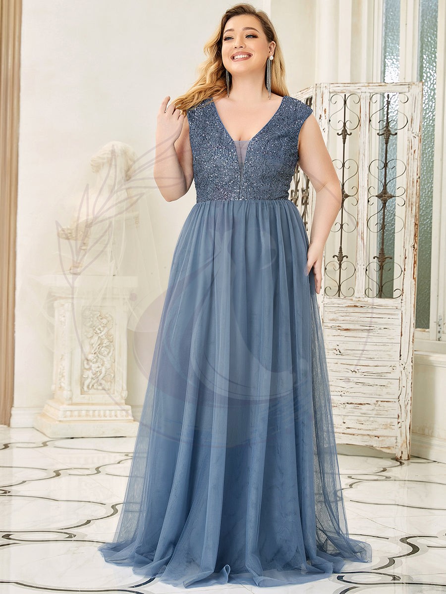 Robe de Soirée Longue Grande Taille à Paillettes et Col en V Profond – Image 8