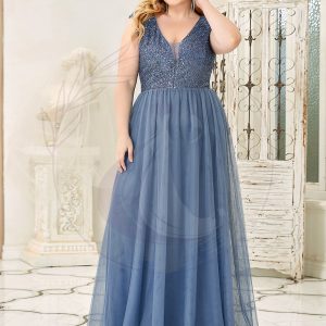 Robe de Soirée Longue Grande Taille à Paillettes et Col en V Profond