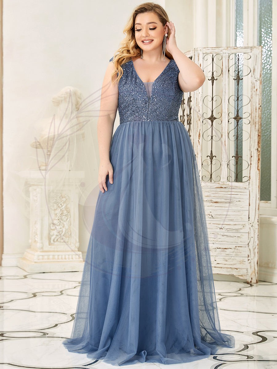 Robe de Soirée Longue Grande Taille à Paillettes et Col en V Profond – Image 2