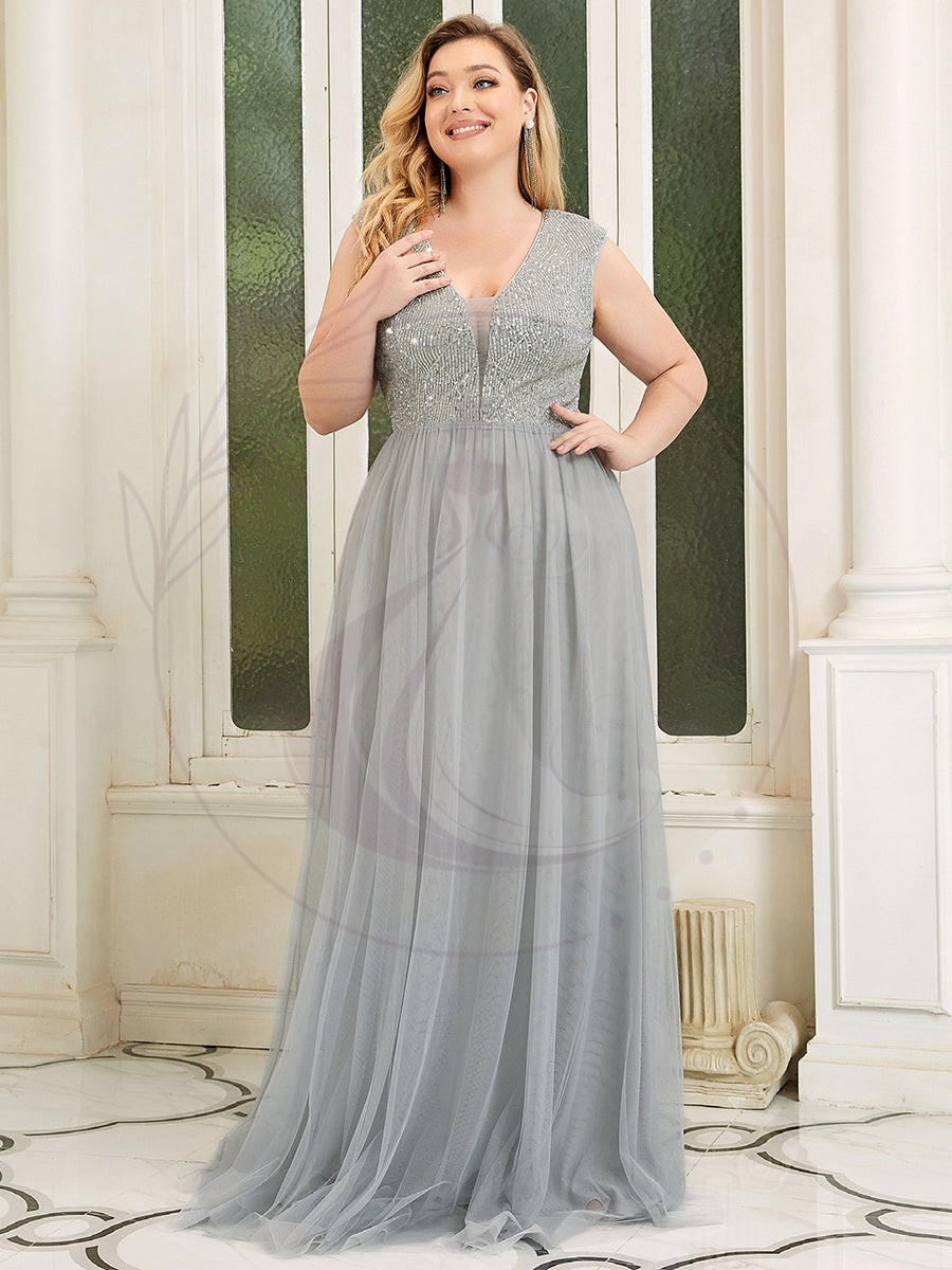 Robe de Soirée Longue Grande Taille à Paillettes et Col en V Profond – Image 4