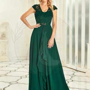 Robe d’Invité de Mariage en Dentelle Florale avec Mancherons