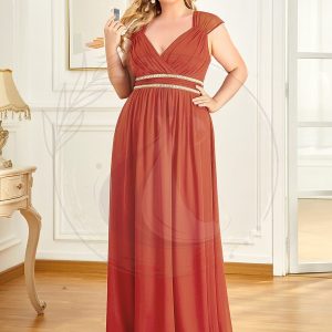 Robe de Soirée A-ligne en Mousseline de Soie avec Ceinture Perlée et Col en V de Grande Taille