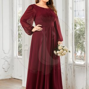 Robe de demoiselle d’honneur plissée à manches longues transparente de grande taille