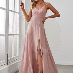 Robe de demoiselle d’honneur plissée à bretelles minces et encolure en V