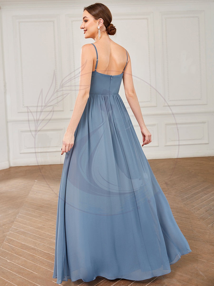 Robe mariage invitée plissée à bretelles fines fendue – Image 7