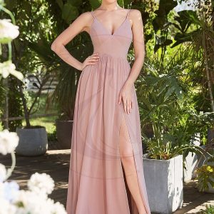 Robe mariage invitée plissée à bretelles fines fendue