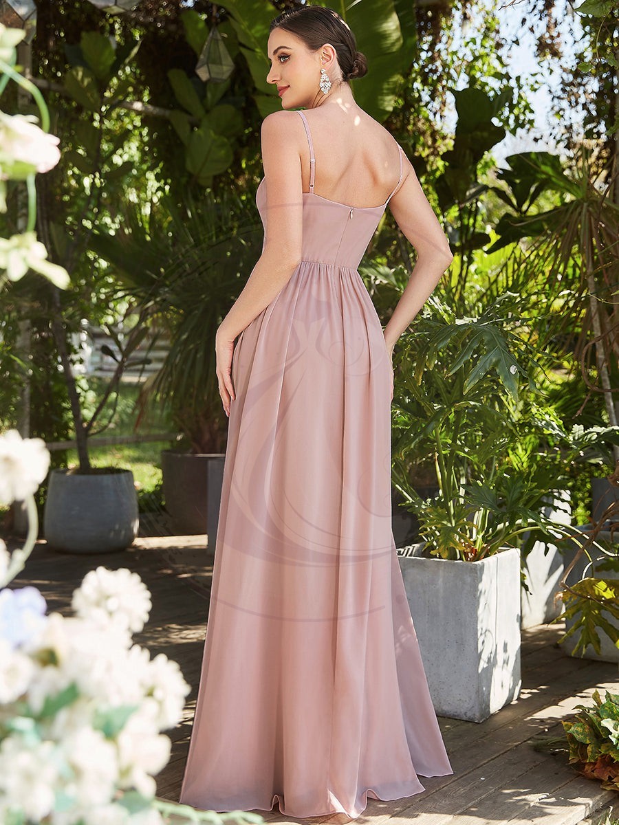 Robe mariage invitée plissée à bretelles fines fendue – Image 4