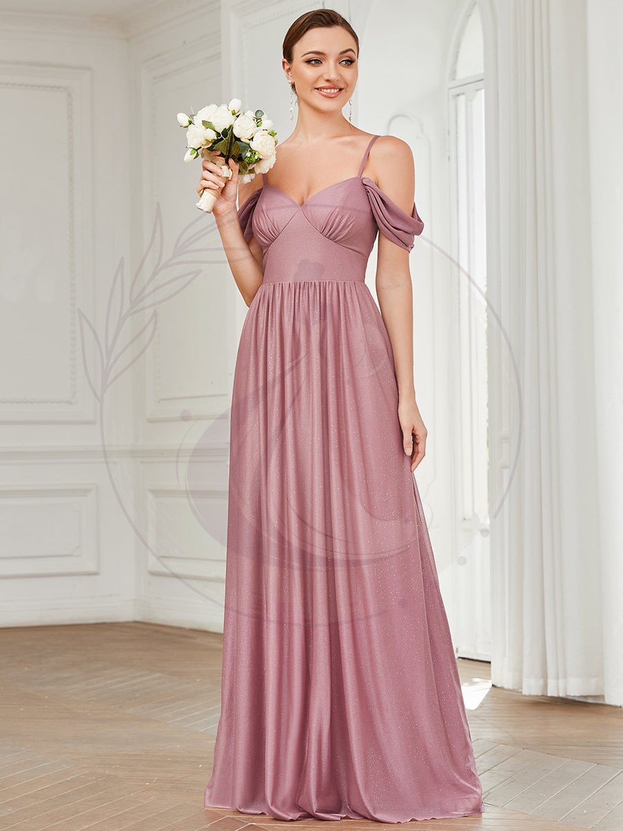 Robe Demoiselle d’Honneur Épaule Dénudée Manches Drapées Longue – Image 2