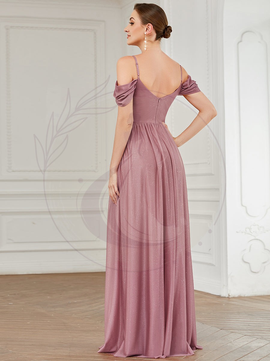 Robe Demoiselle d’Honneur Épaule Dénudée Manches Drapées Longue – Image 3