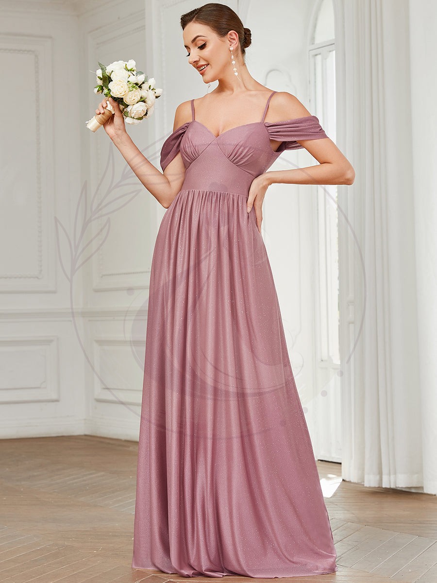 Robe Demoiselle d’Honneur Épaule Dénudée Manches Drapées Longue – Image 4