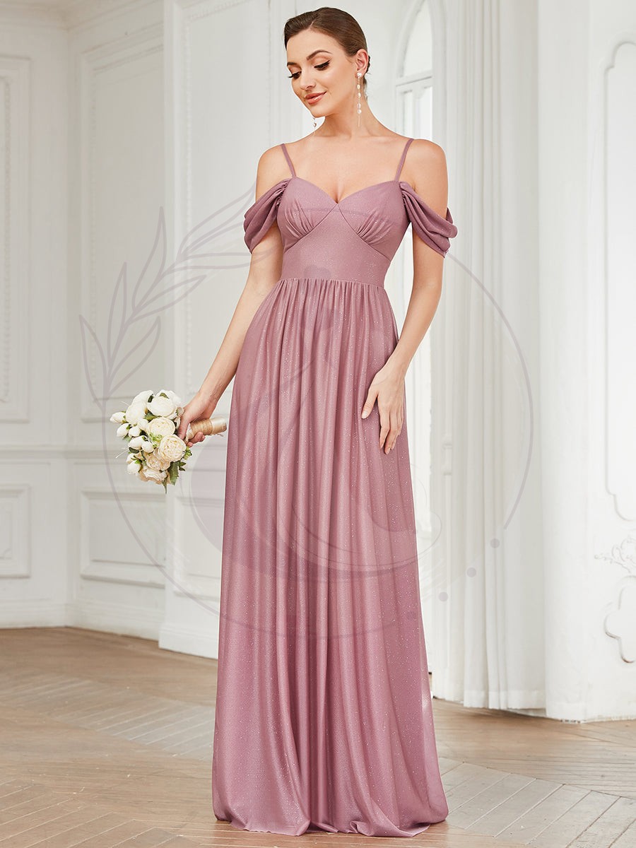 Robe Demoiselle d’Honneur Épaule Dénudée Manches Drapées Longue – Image 5