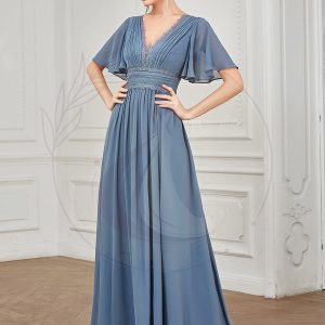 Robe demoiselle d’honneur mousseline plissée Manches courtes Dentelle