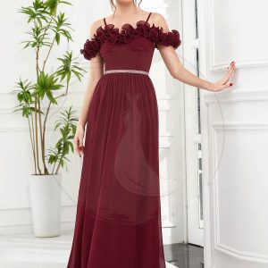 Robe demoiselle d’honneur en mousseline épaules dénudées bretelles fines à volants