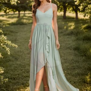 Robe demoiselle d’honneur mousseline bretelles fines et fente sur le devant