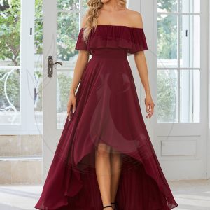 Robe demoiselle d’honneur Manches Courtes Epaules dénudées Volants en Cascade Haute-basse