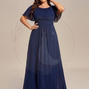 Robe demoiselle d’honneur en mousseline simple plissée de grande taille encolure ronde