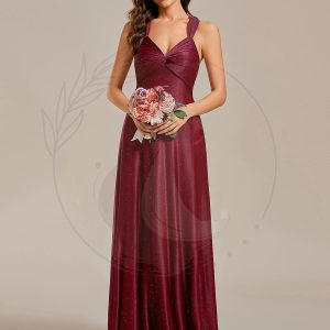 Robe de demoiselle d’honneur sans manches plissée et scintillante, col en V dos réglable lacets