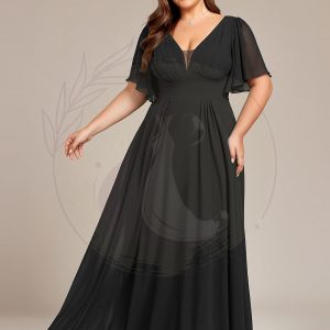 Robe de demoiselle d’honneur longue en mousseline de soie simple manches courtes taille empire ligne a grande taille