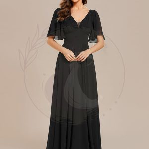 Robe de demoiselle d’honneur longue en mousseline de soie simple manches courtes taille empire ligne a