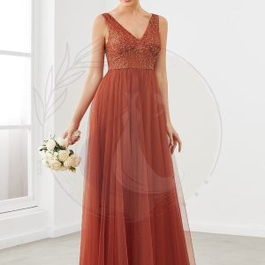 Robe de demoiselle d’honneur en tulle à encolure en V et en dentelle sans manches