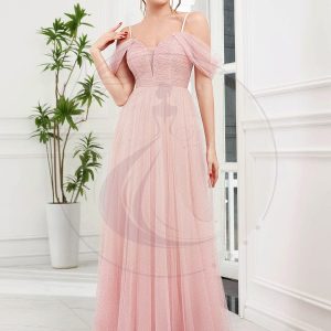 Robe de demoiselle d’honneur en tulle à épaules dénudées et bretelles fines