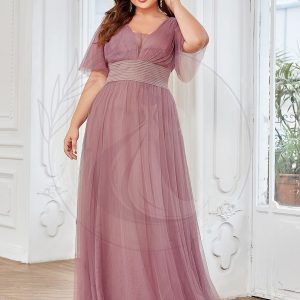 Robe de demoiselle d’honneur en tulle plissée à manches courtes Grande taille