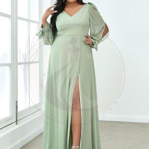 Robe de demoiselle d’honneur fendue à manches longues et col en V de grande taille