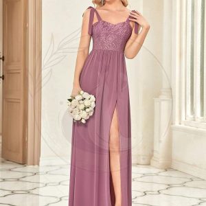 Robe de demoiselle d’honneur fendue sur les cuisses en dentelle à nouer