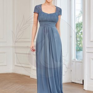 Robe de Demoiselle d’Honneur à Manches Courtes en Dentelle Plissée