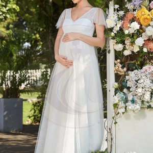 Maxi robe de maternité à col en V et manches flottantes transparentes