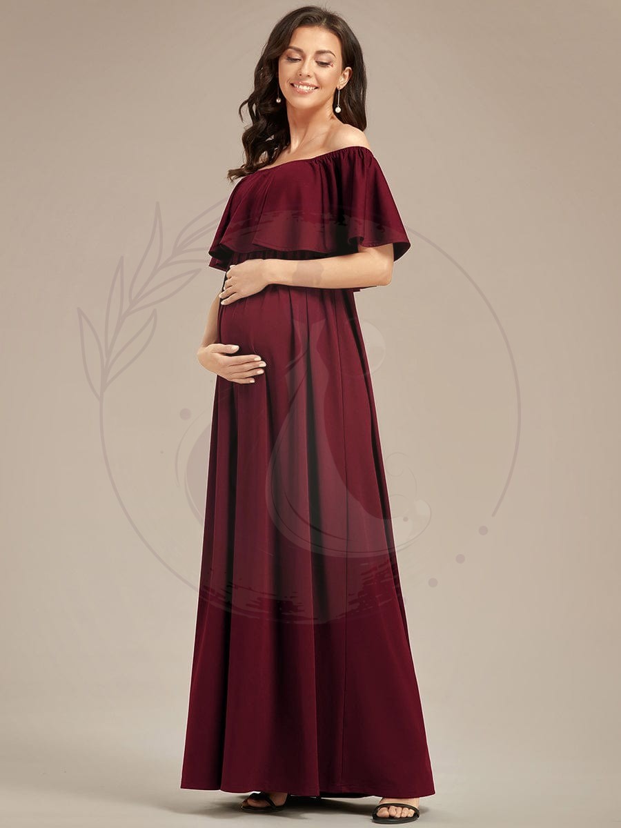 Robe de Maternité évasée flatteuse avec volants épaules dénudées – Image 8