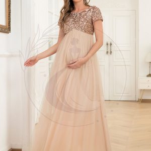 Robe de maternité Col rond manches courtes paillettes tulle taille empire