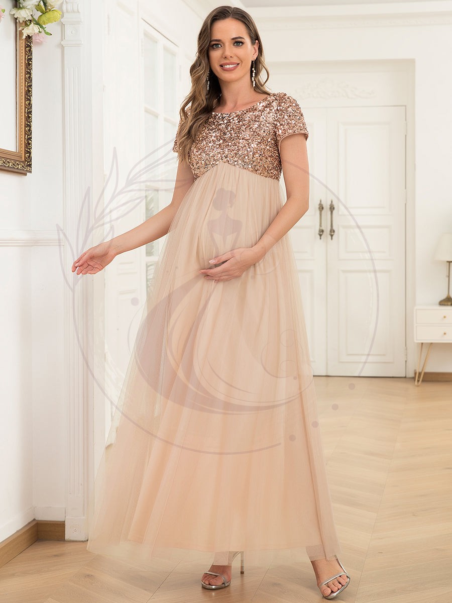 Robe de maternité Col rond manches courtes paillettes tulle taille empire