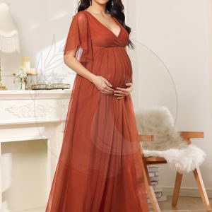 Robe longue de maternité transparente à manches volantées et col en V