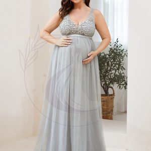 Robe de Grossesse Longue en Dentelle à Double Col en V et en Dentelle de Grande Taille