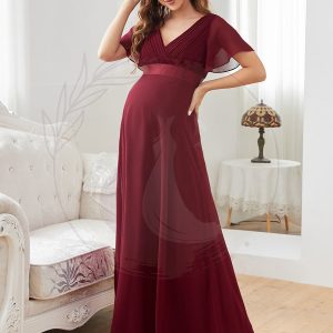 Elégant robe de maternité en mousseline à col V manches volantées corsage plissé et longueur de plancher