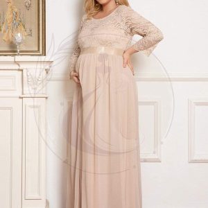 Robe de Maternité Grande Taille à Manches 3/4 en Dentelle Longueur au Sol