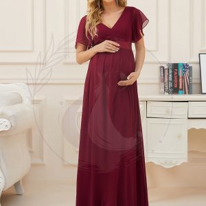 Elégante A-Line Double V en mousseline de soie a manches papillon longue robe de maternité florale