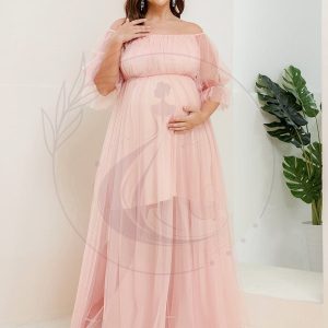 Robe Maxi de Grossesse à Double Jupe en Tulle à Epaules Dénudées de Grande Taille
