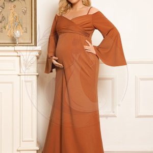 Maxi Robe de Grossesse à Epaule Dénudée et Manches Cloche de Grande Taille