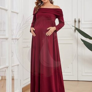 Robe de maternité plissée à manches longues et épaules dénudées