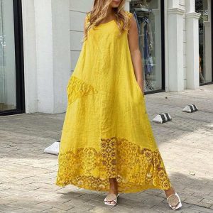 Robe bohème asymétrique mi-longue jaune avec dentelle