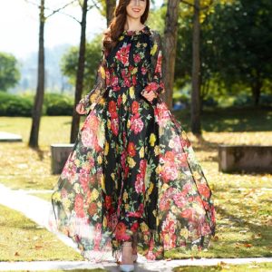 Robe bohème pour femme ronde noire en mousseline de soie à imprimé