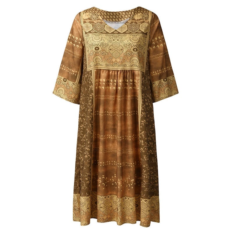 Robes bohème grande taille imprimé marron à col V – Image 2