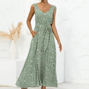 Hippie robe longue bohème col en V à fleurs verte