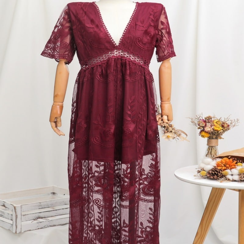 Dentelle robe longue bohème chic rouge brodée à manches mi-longues – Image 3