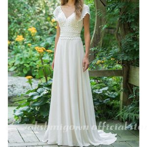 Robe longue dentelle bohème blanche en Mousseline de Soie