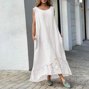 Robe bohème asymétrique mi-longue Vintage en dentelle blanche